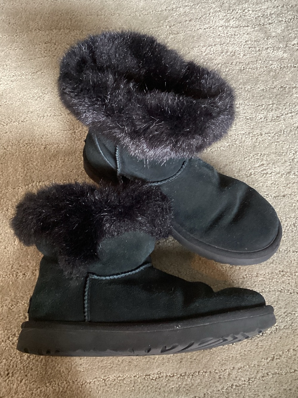 UGG Black Suede Fur-Trim Short Winter Boots